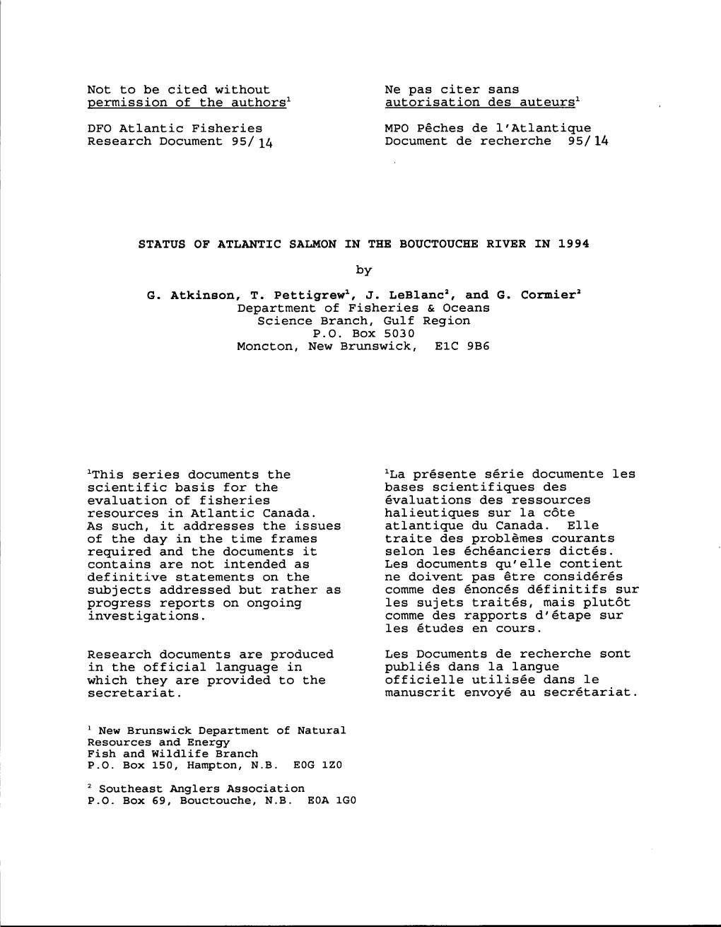 Status of Atlantic Salmon in the Bouctouche River in 1994