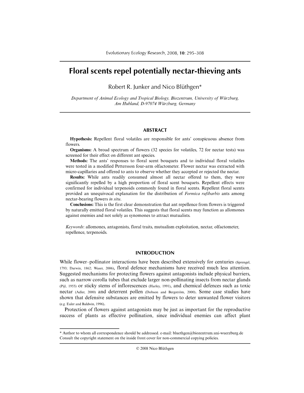 Floral Scents Repel Potentially Nectar-Thieving Ants