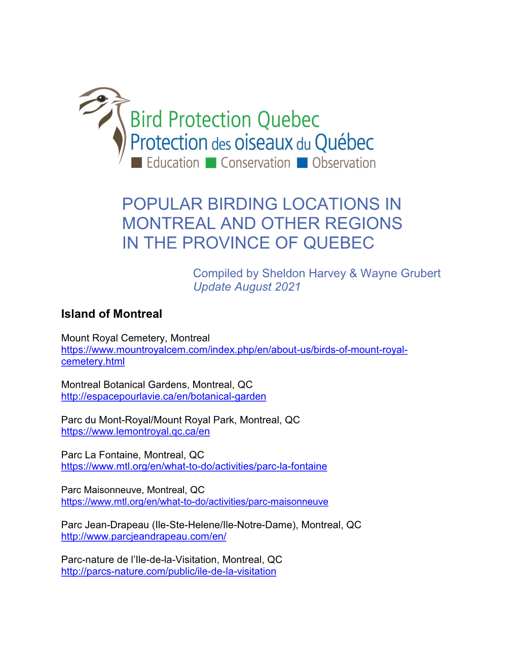 Popular Birding Locations in Montreal and Other Regions in the Province of Quebec