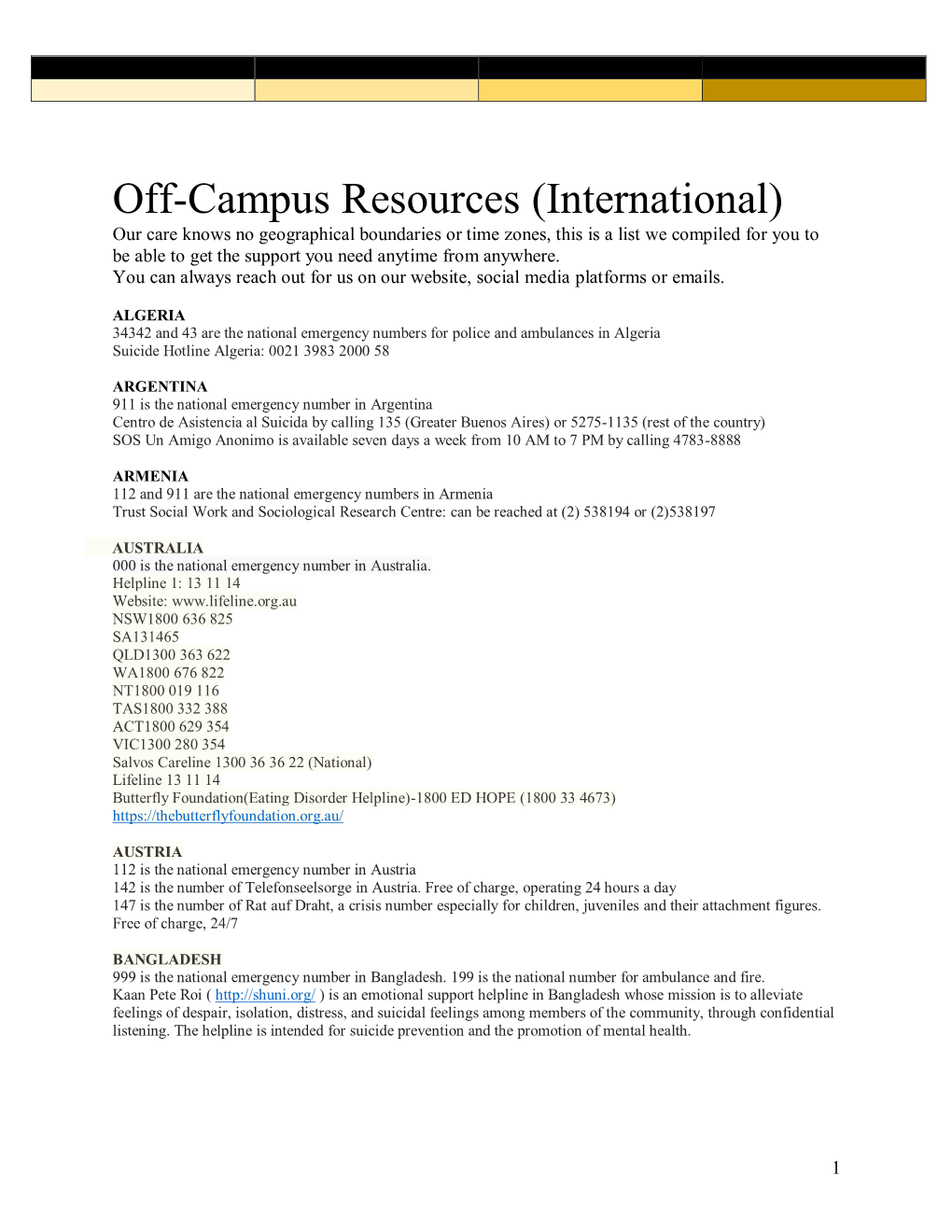 Off-Campus Resources (International)