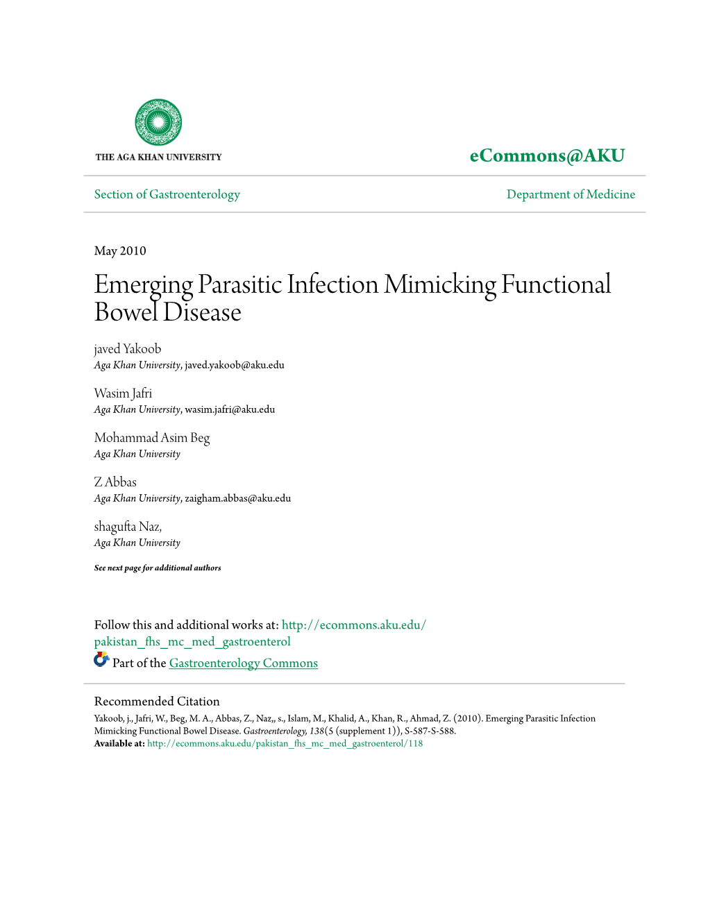 Emerging Parasitic Infection Mimicking Functional Bowel Disease Javed Yakoob Aga Khan University, Javed.Yakoob@Aku.Edu