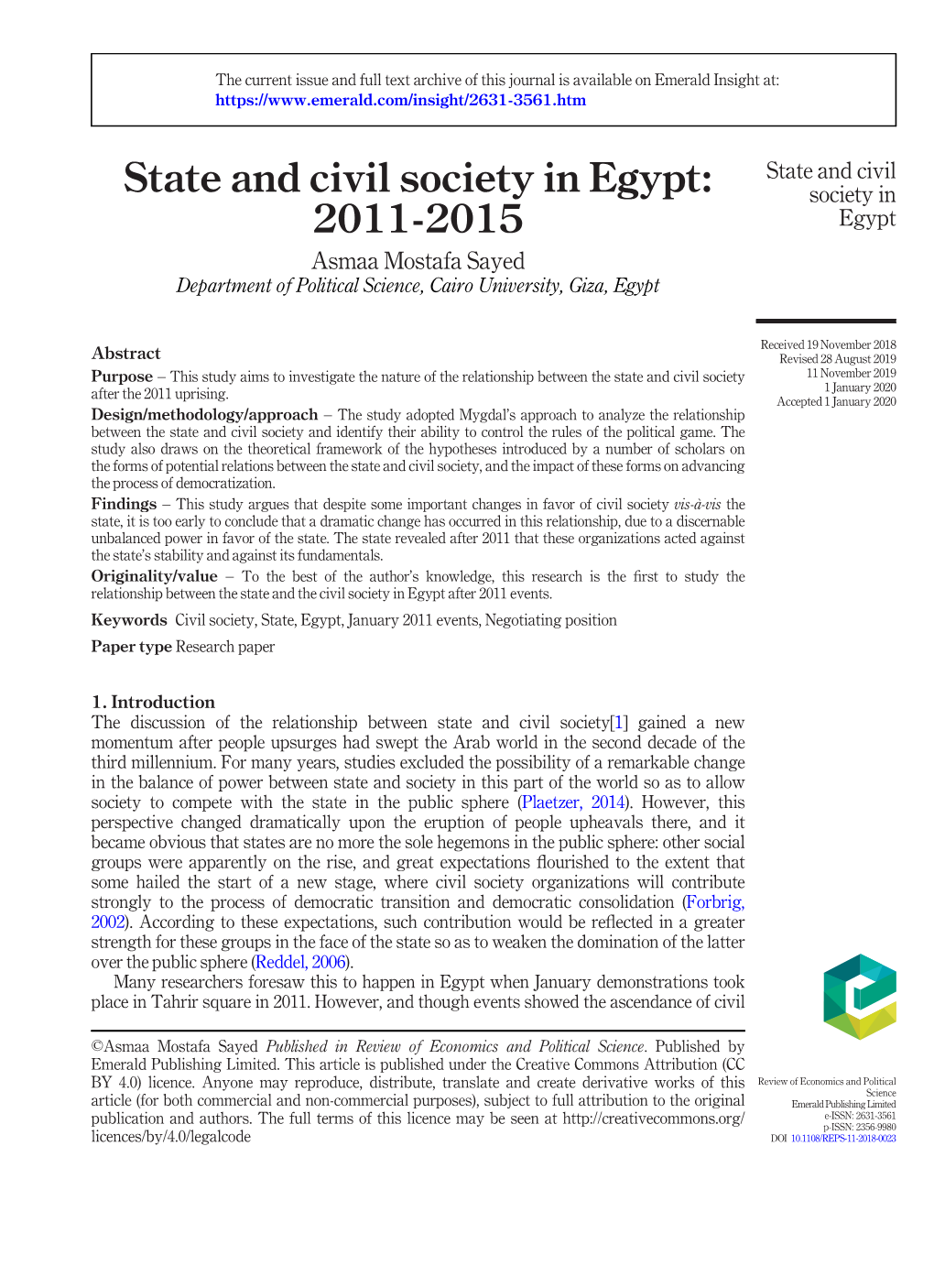 State and Civil Society in Egypt: 2011-2015