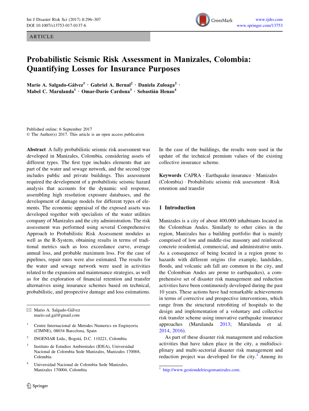 Probabilistic Seismic Risk Assessment in Manizales, Colombia: Quantifying Losses for Insurance Purposes