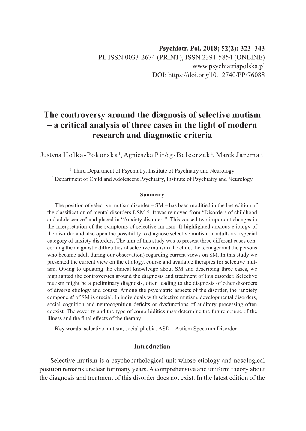The Controversy Around the Diagnosis of Selective Mutism – a Critical Analysis of Three Cases in the Light of Modern Research and Diagnostic Criteria