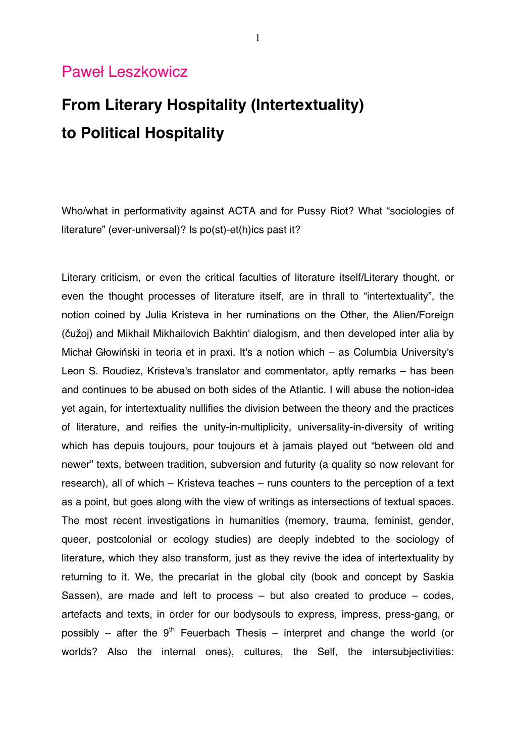 (Intertextuality) to Political Hospitality