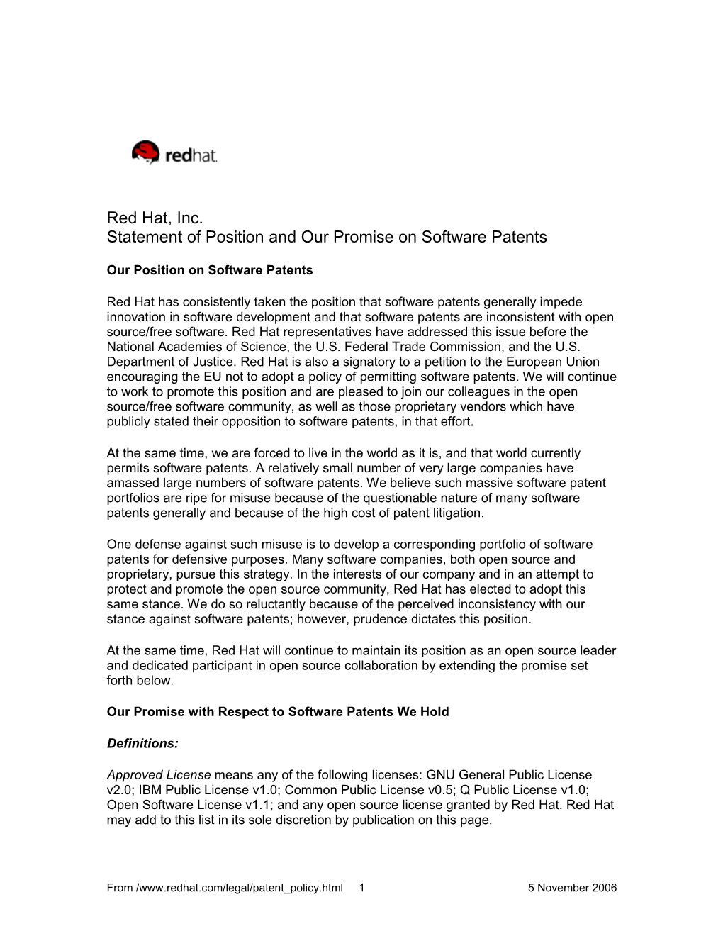 Red Hat, Inc. Statement of Position and Our Promise on Software Patents