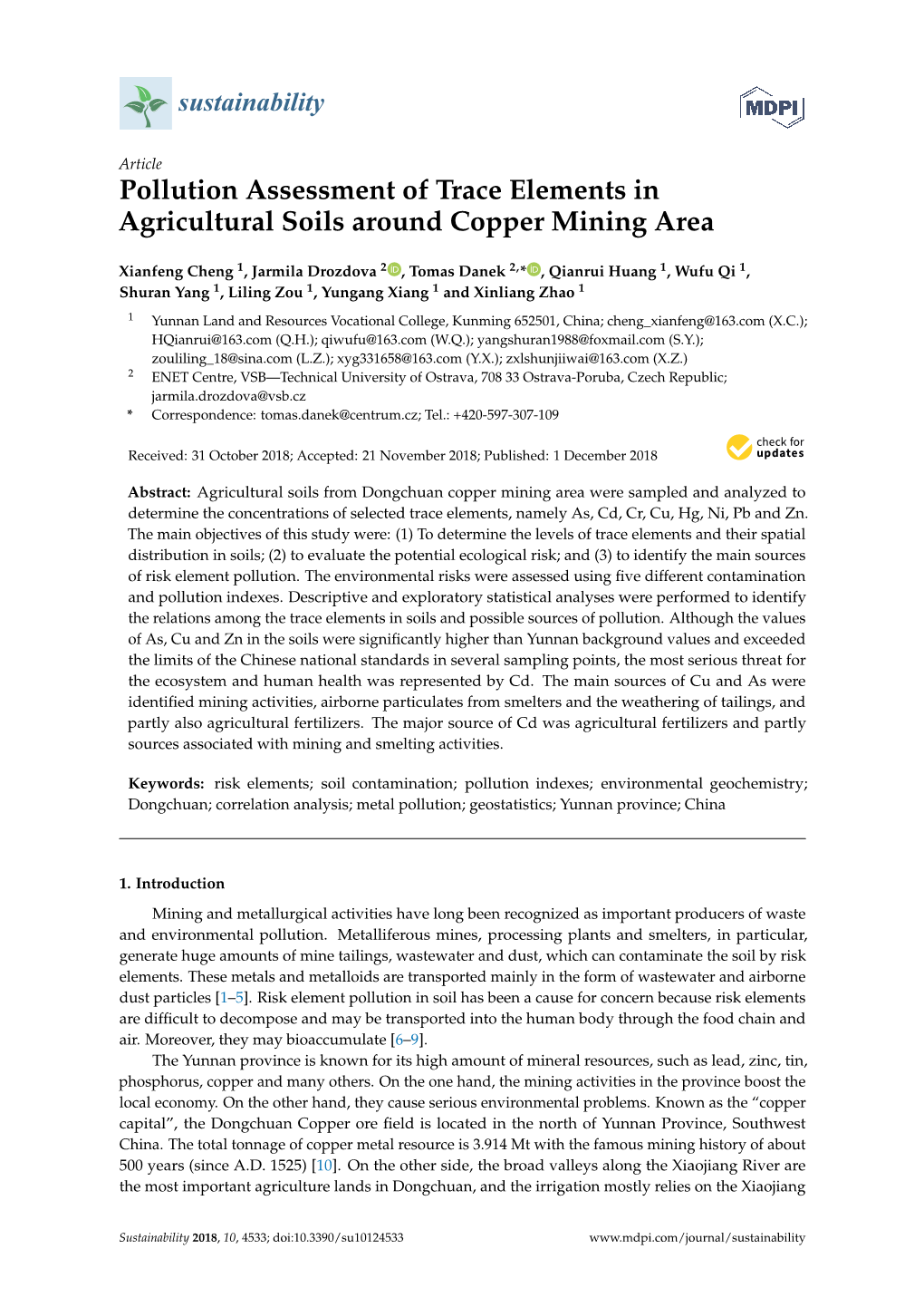 Pollution Assessment of Trace Elements in Agricultural Soils Around Copper Mining Area