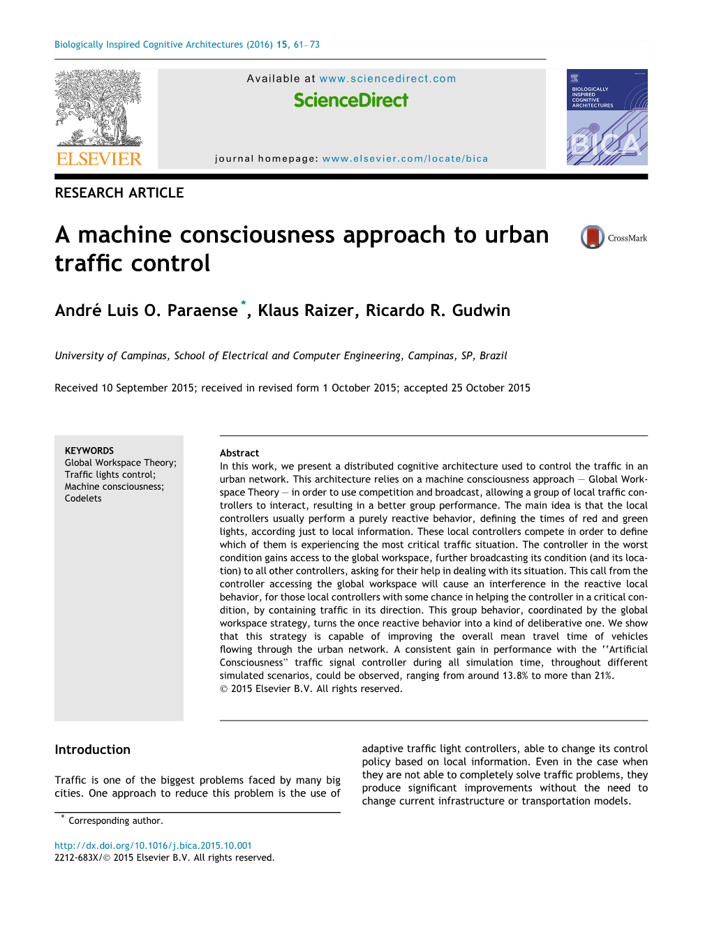 A Machine Consciousness Approach to Urban Traffic Control