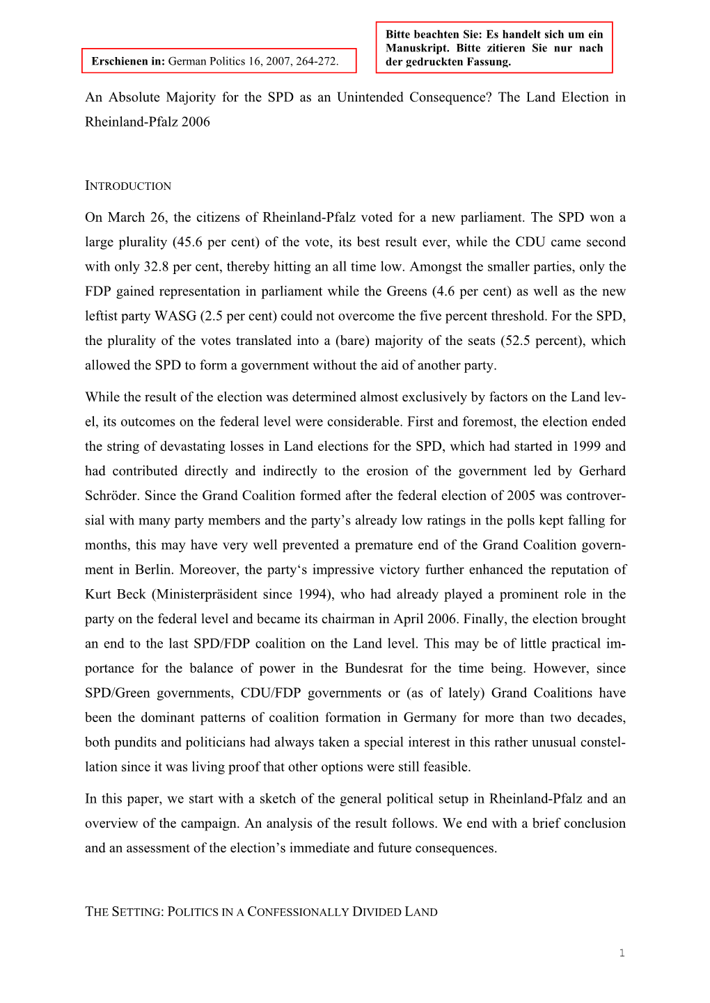An Absolute Majority for the SPD As an Unintended Consequence? the Land Election in Rheinland-Pfalz 2006