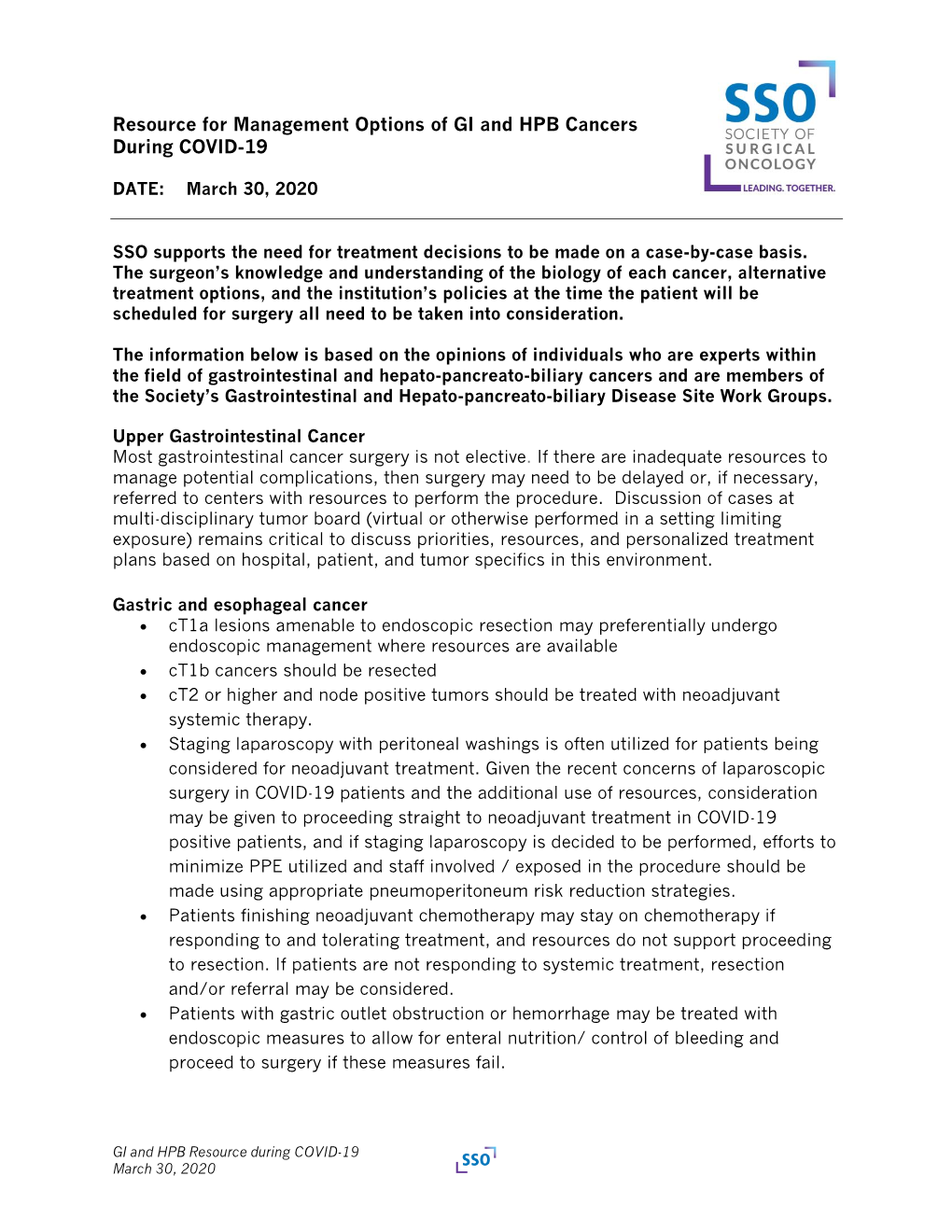 Resource for Management Options of GI and HPB Cancers During COVID-19