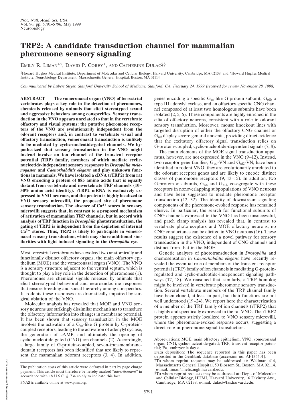 TRP2: a Candidate Transduction Channel for Mammalian Pheromone Sensory Signaling