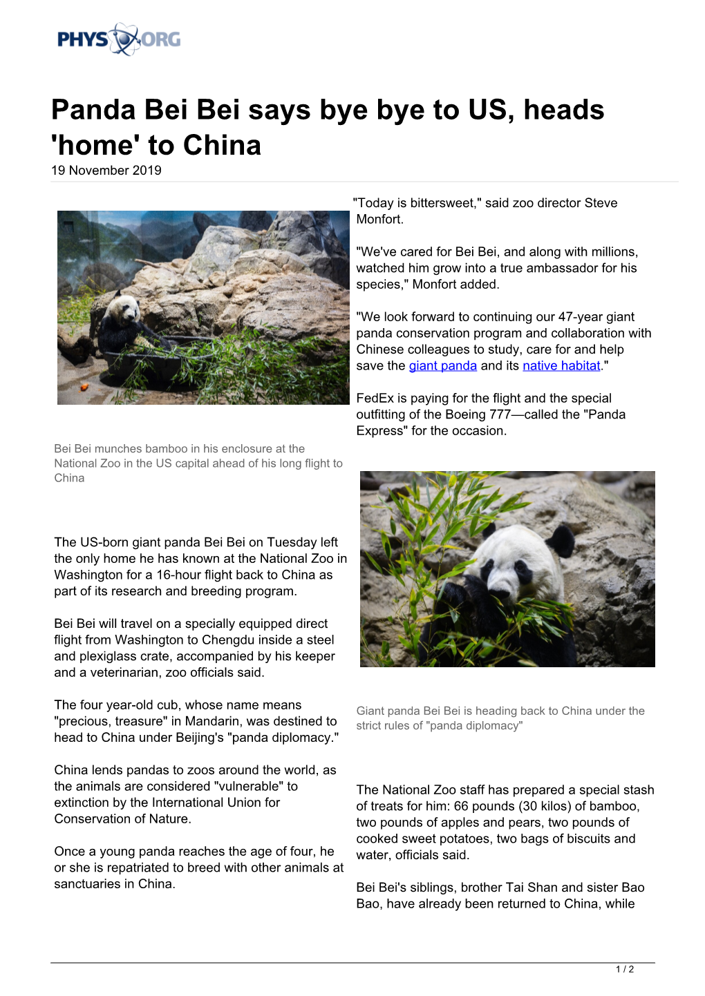 Panda Bei Bei Says Bye Bye to US, Heads 'Home' to China 19 November 2019