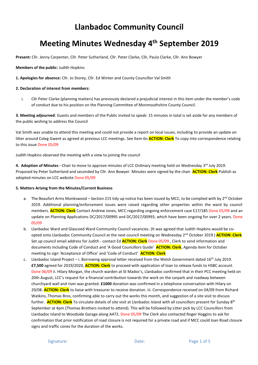 Llanbadoc Community Council Meeting Minutes Wednesday 4Th September 2019