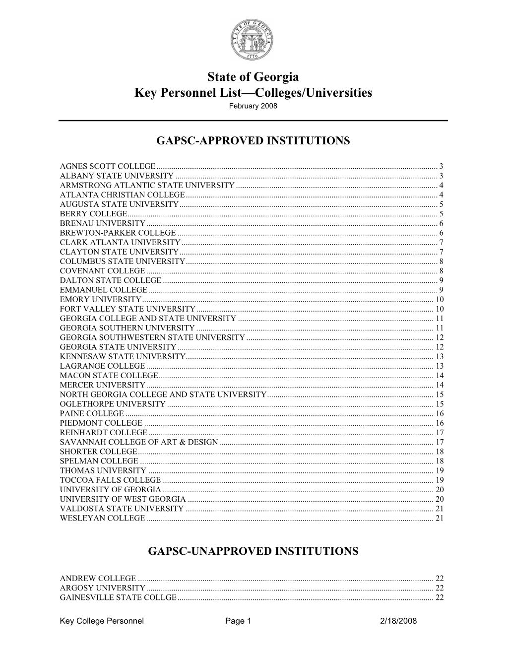 State of Georgia Key Personnel List—Colleges/Universities February 2008