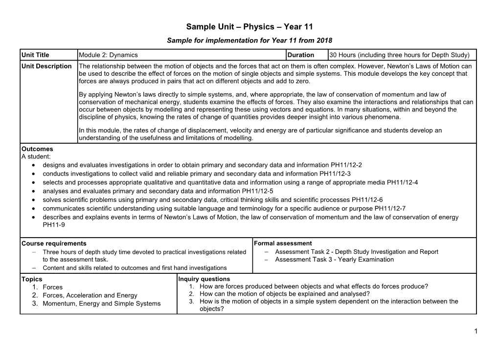 Sample Unit Physics Year 11