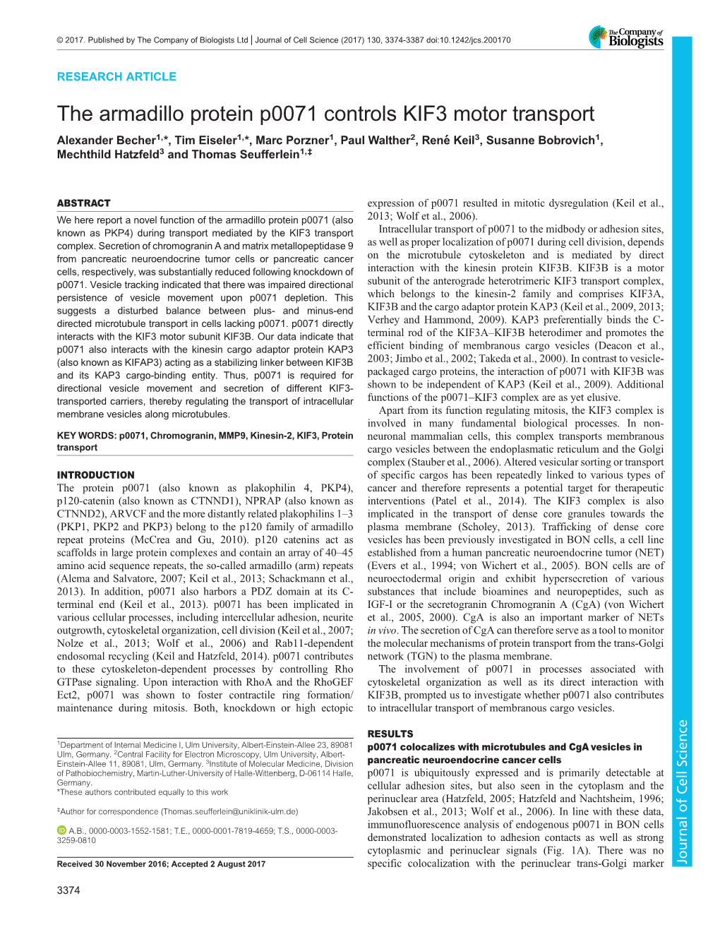 The Armadillo Protein P0071 Controls KIF3 Motor Transport