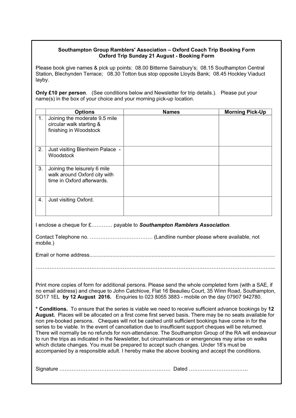 Oxford Coach Trip Booking Form Oxford Trip Sunday 21 August - Booking Form