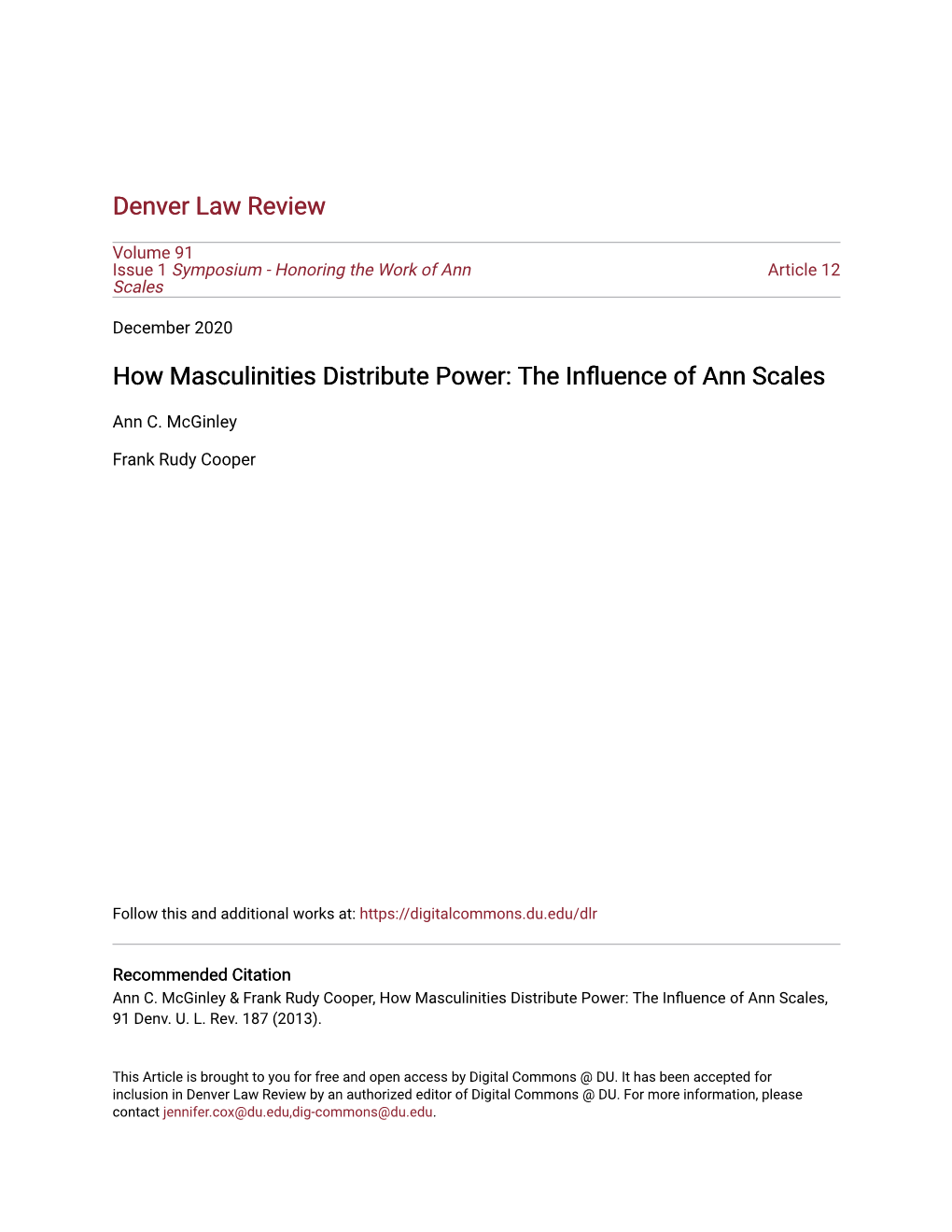 How Masculinities Distribute Power: the Influence of Ann Scales