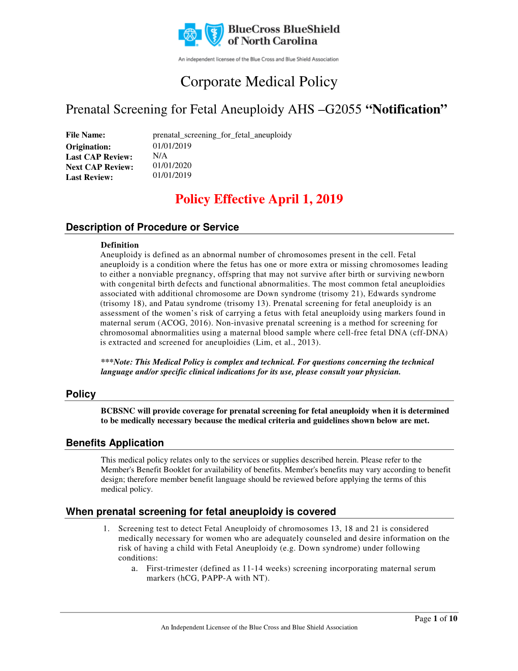 Corporate Medical Policy Prenatal Screening for Fetal Aneuploidy AHS –G2055 “Notification”