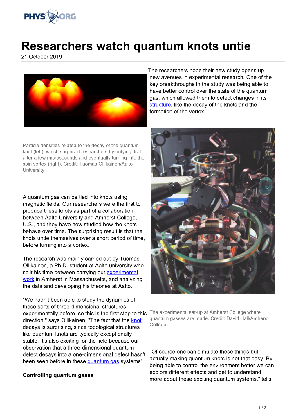 Researchers Watch Quantum Knots Untie 21 October 2019