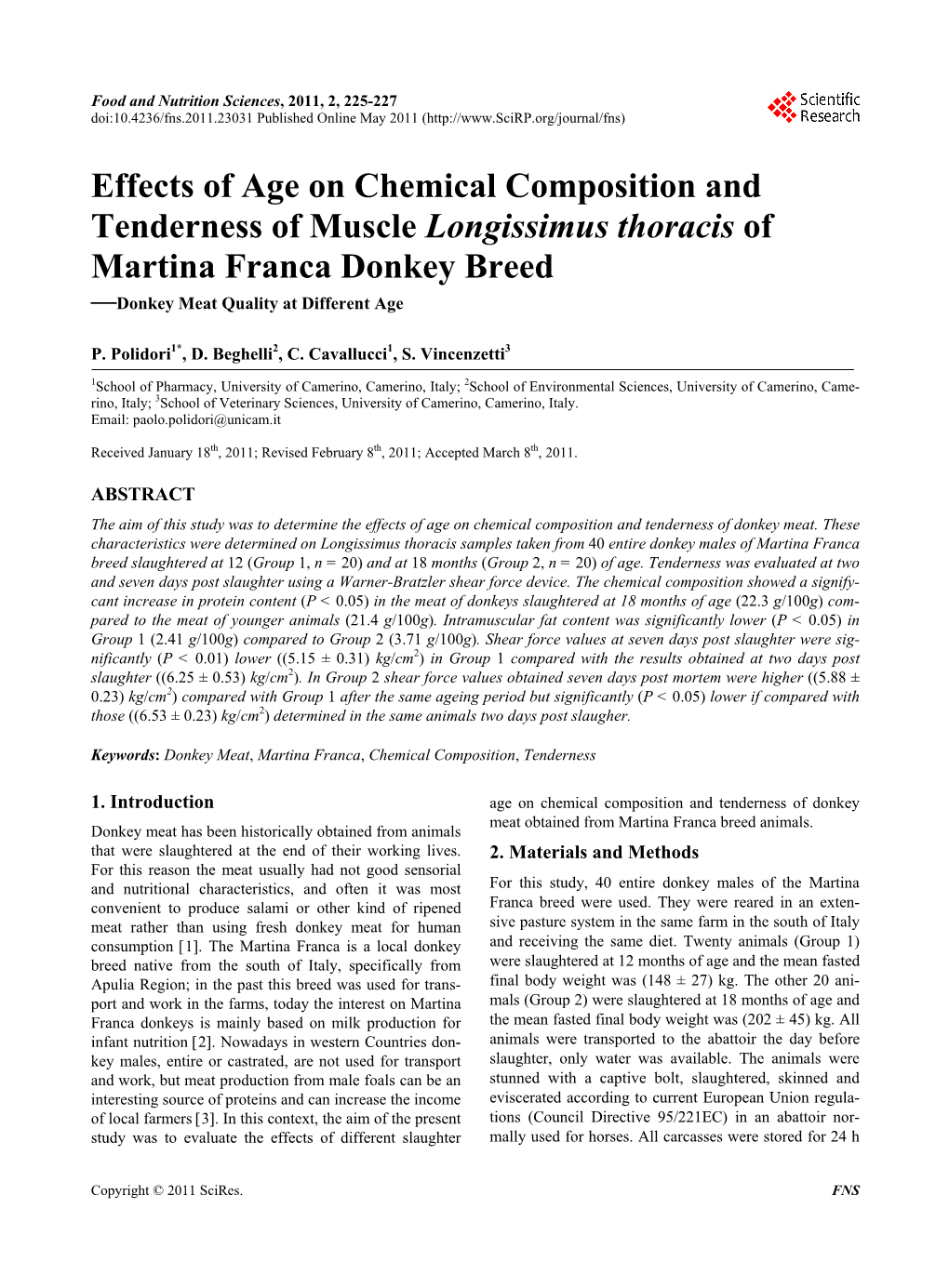 Effects of Age on Chemical Composition and Tenderness of Muscle Longissimus Thoracis of Martina Franca Donkey Breed —Donkey Meat Quality at Different Age