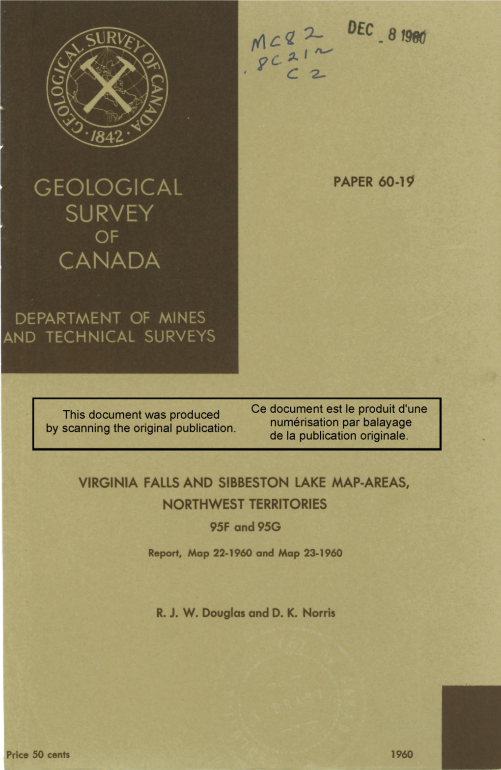 Paper 60-19 Virginia Falls and Sibbeston Lake Map-Areas