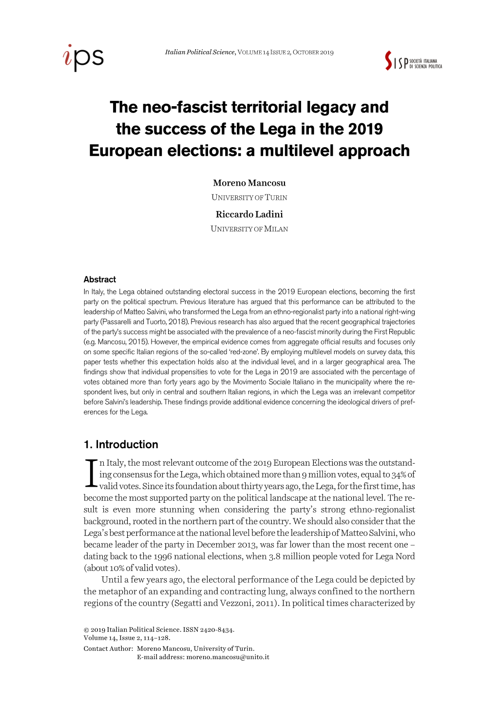 The Neo-Fascist Territorial Legacy and the Success of the Lega in the 2019 European Elections: a Multilevel Approach