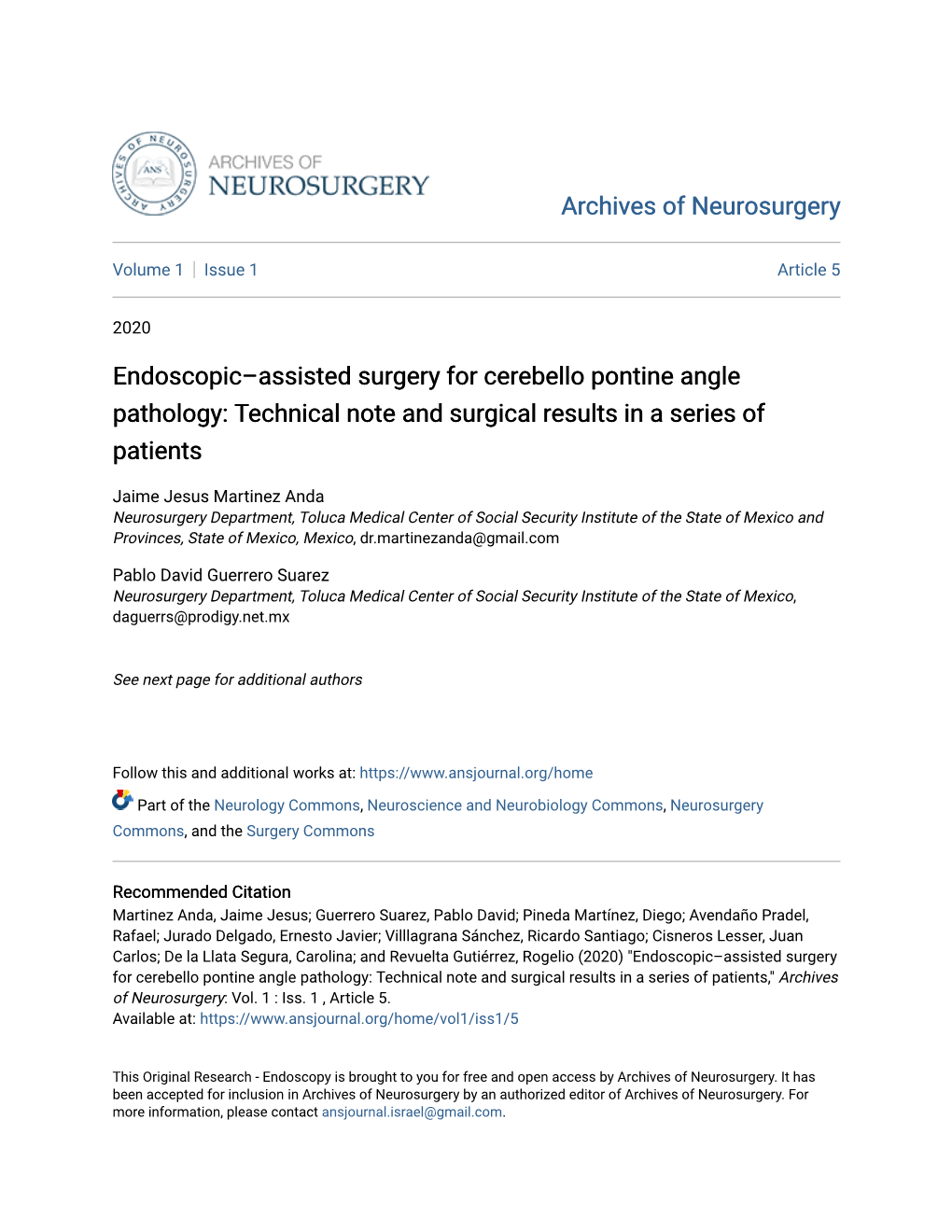 Endoscopic–Assisted Surgery for Cerebello Pontine Angle Pathology: Technical Note and Surgical Results in a Series of Patients