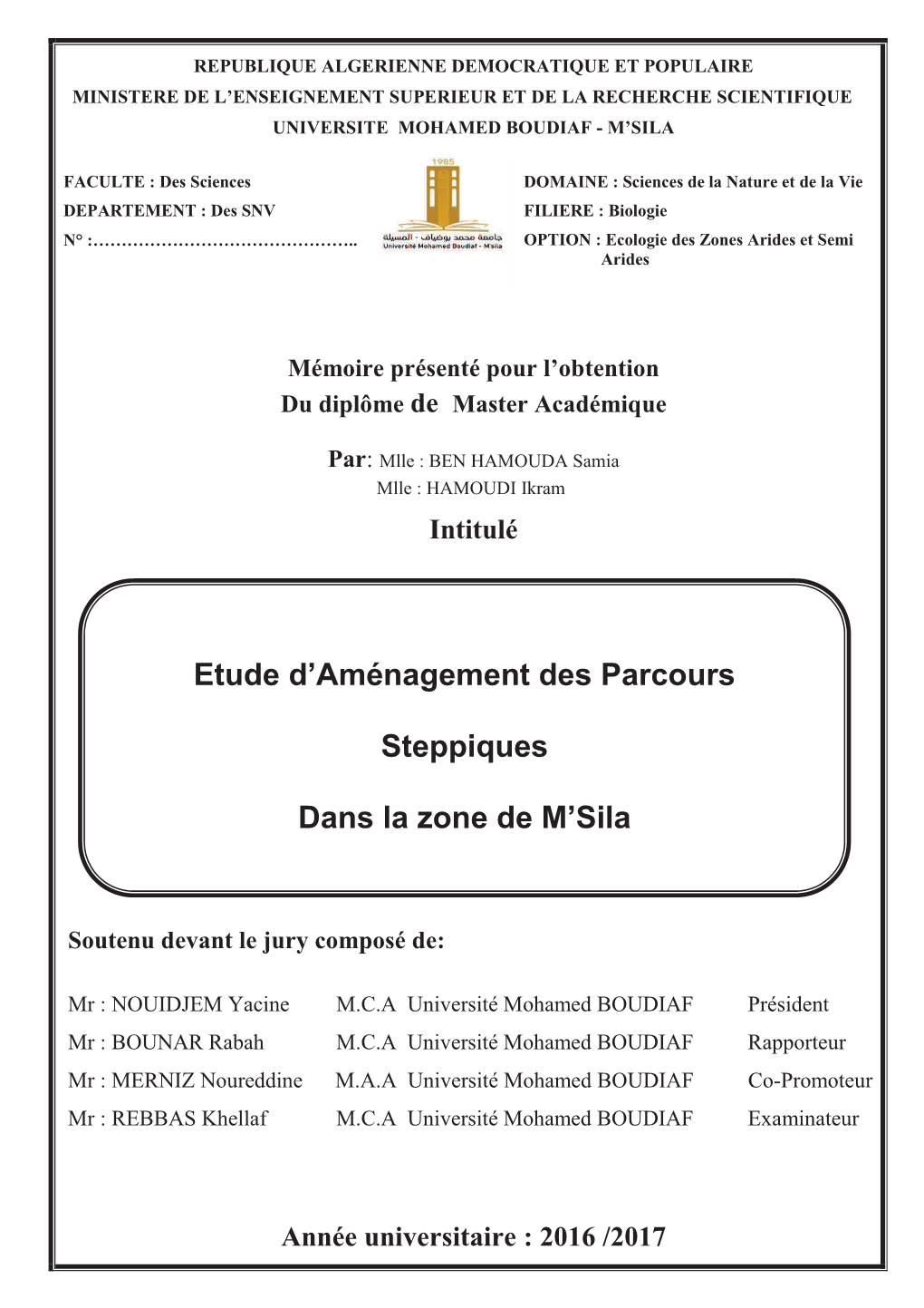 Etude D'aménagement Des Parcours Steppiques Dans La Zone De M'sila