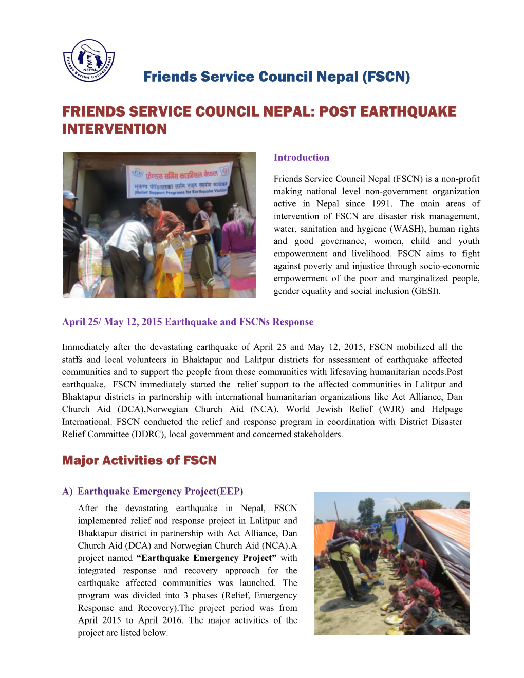 Friends Service Council Nepal: Post Earthquake Intervention