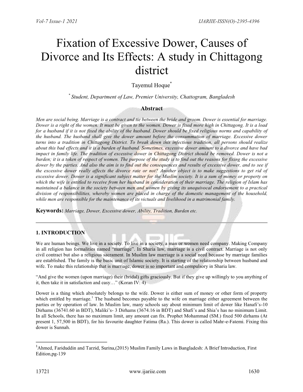 Fixation of Excessive Dower, Causes of Divorce and Its Effects: a Study in Chittagong District Tayemul Hoque*