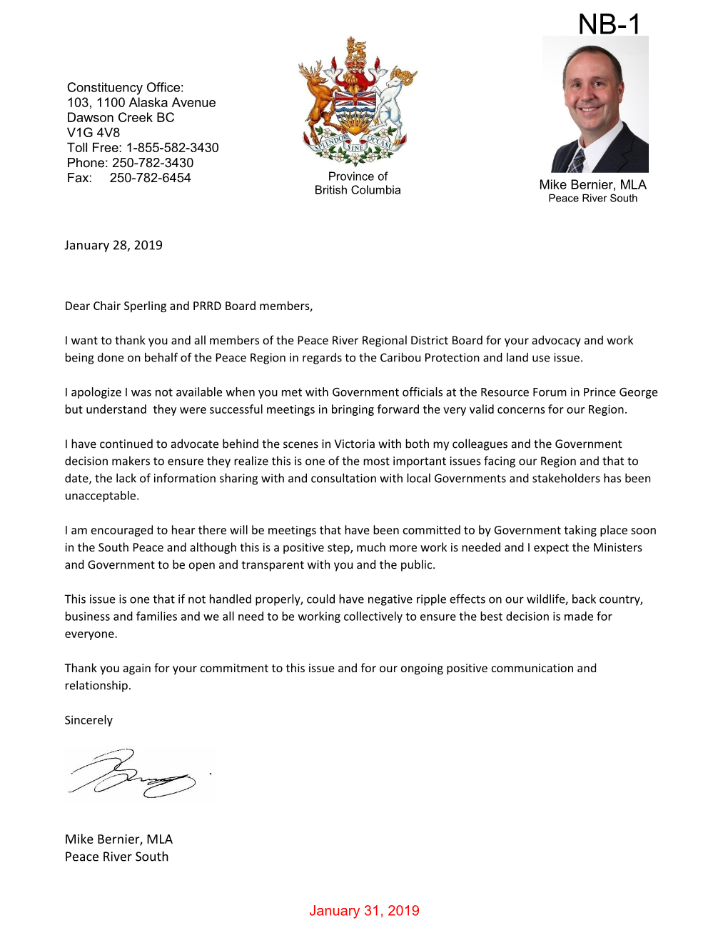 January 28, 2019 – Mike Bernier, MLA, Peace River South