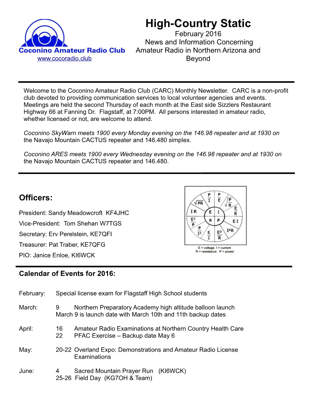 High-Country Static February 2016 News and Information Concerning Amateur Radio in Northern Arizona And