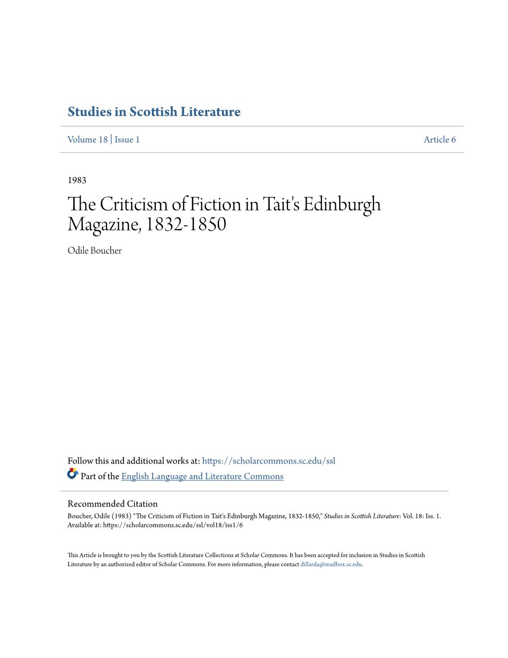 The Criticism of Fiction in Tait's Edinburgh Magazine, 1832-1850