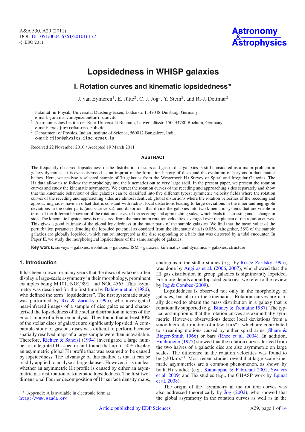 Lopsidedness in WHISP Galaxies I