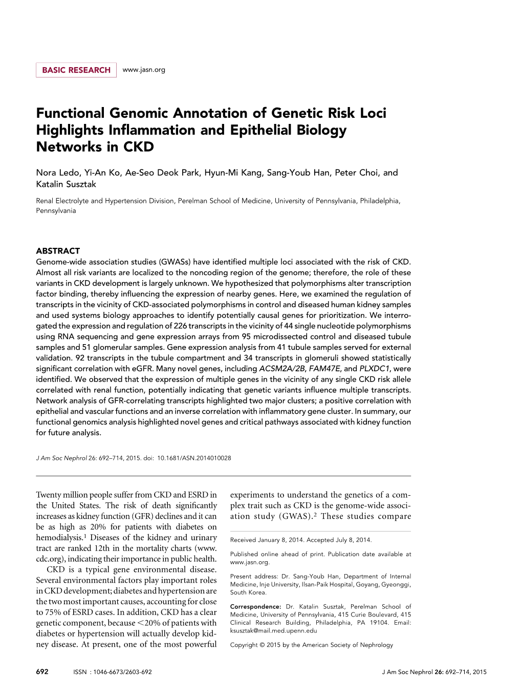 Functional Genomic Annotation of Genetic Risk Loci Highlights Inﬂammation and Epithelial Biology Networks in CKD