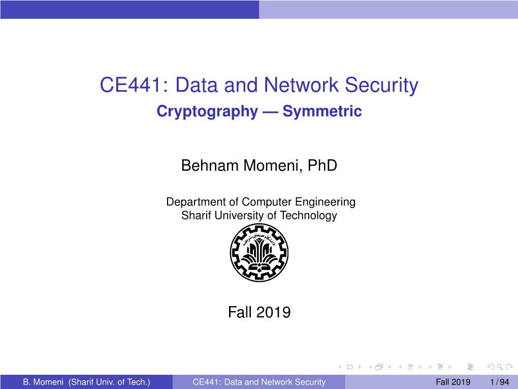 CE441: Data and Network Security Cryptography — Symmetric