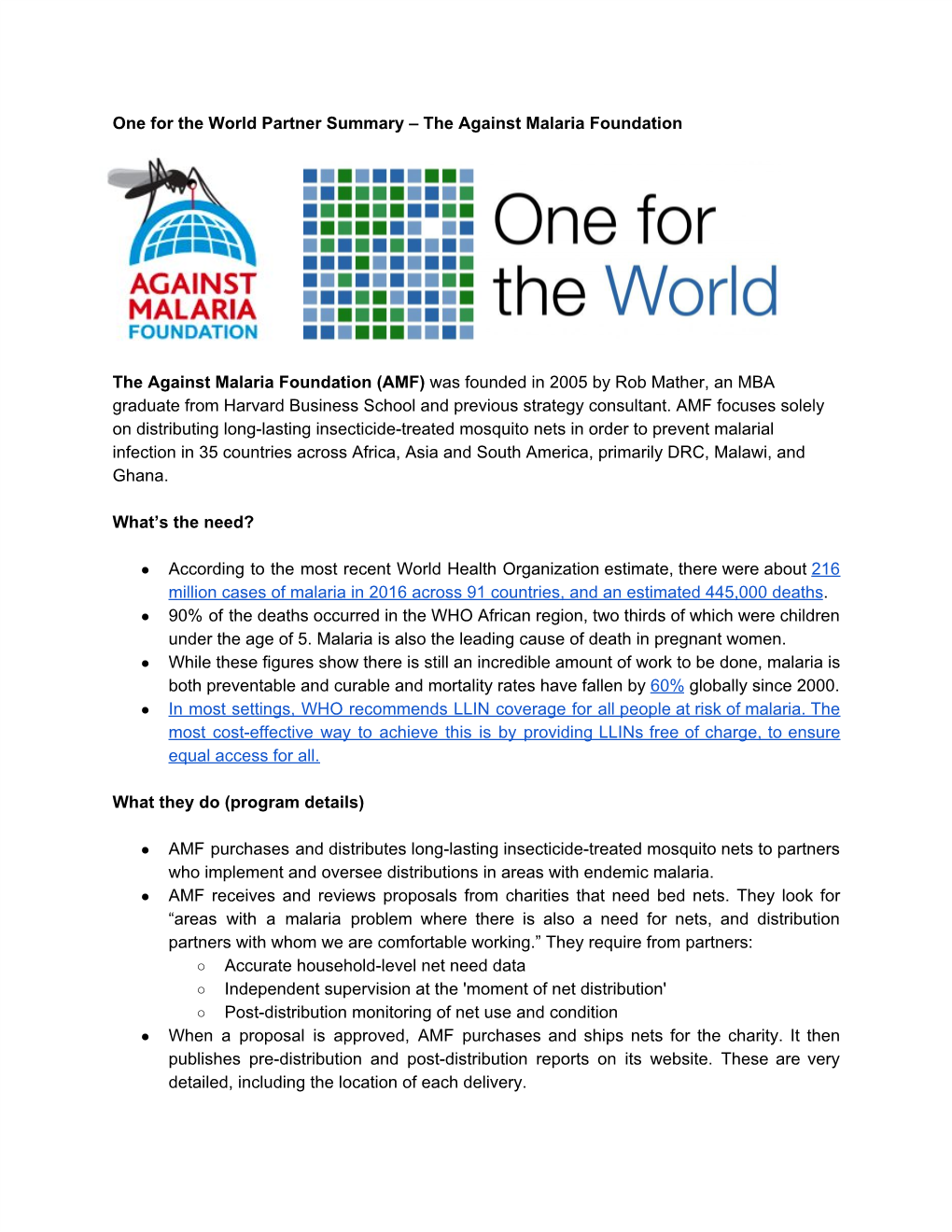 One for the World Partner Summary – the Against Malaria Foundation