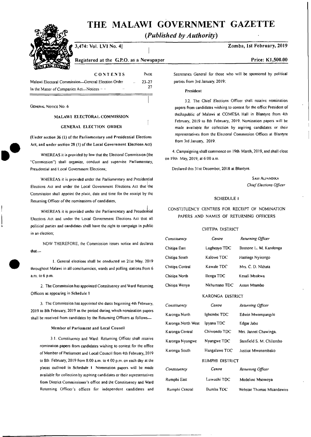 THE MALAWI GOVERNMENT GAZETTE (Published by Authority) 3,474: Vol