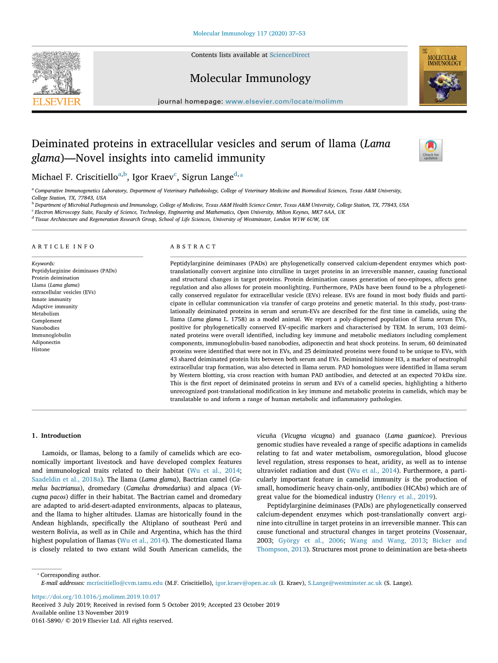 Molecular Immunology Deiminated Proteins in Extracellular Vesicles