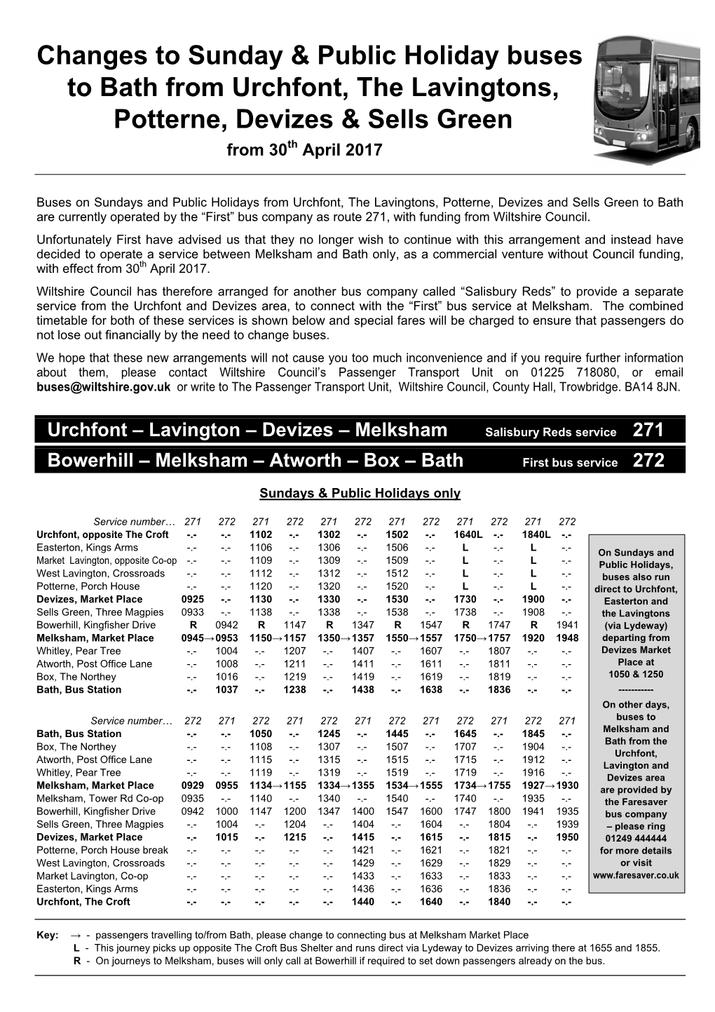 Changes to Sunday & Public Holiday Buses to Bath from Urchfont, The