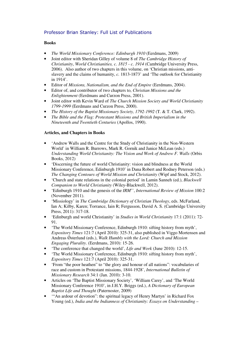 Professor Brian Stanley: Full List of Publications