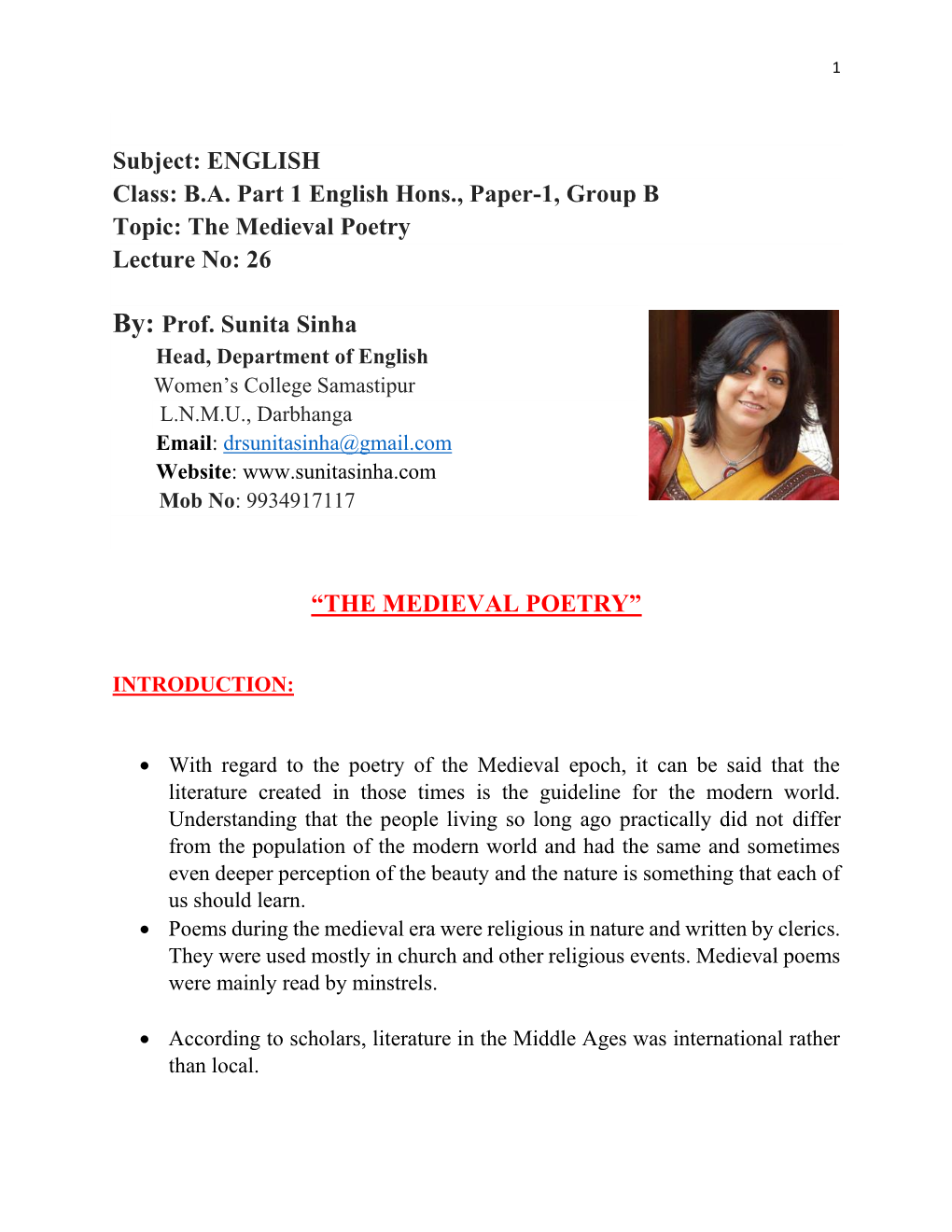 The Medieval Poetry Lecture No: 26 By: Prof. Sunita