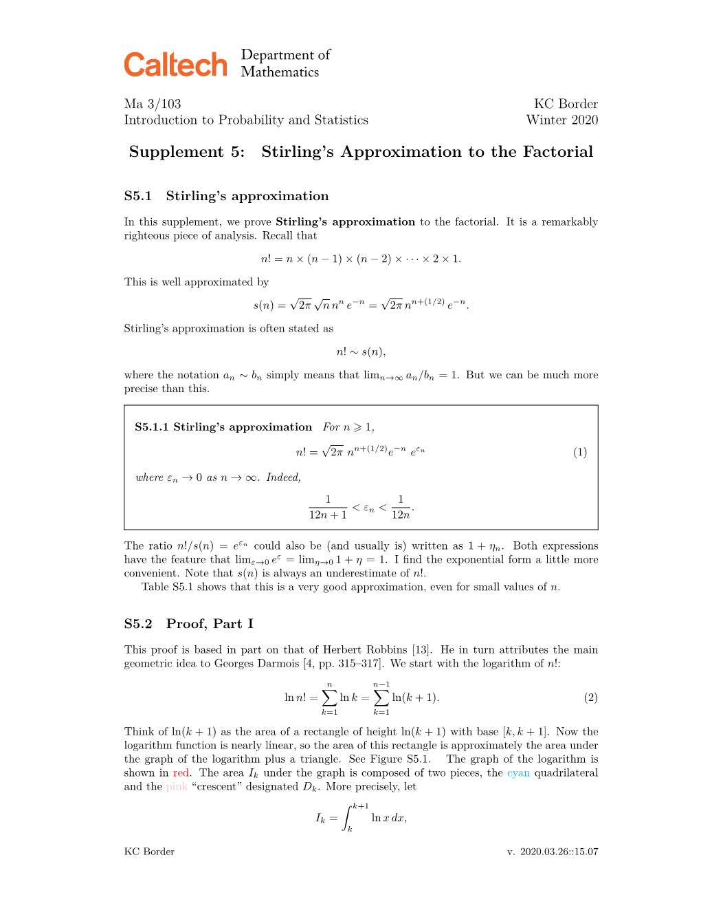 Supplement 5: Stirling's Approximation to the Factorial