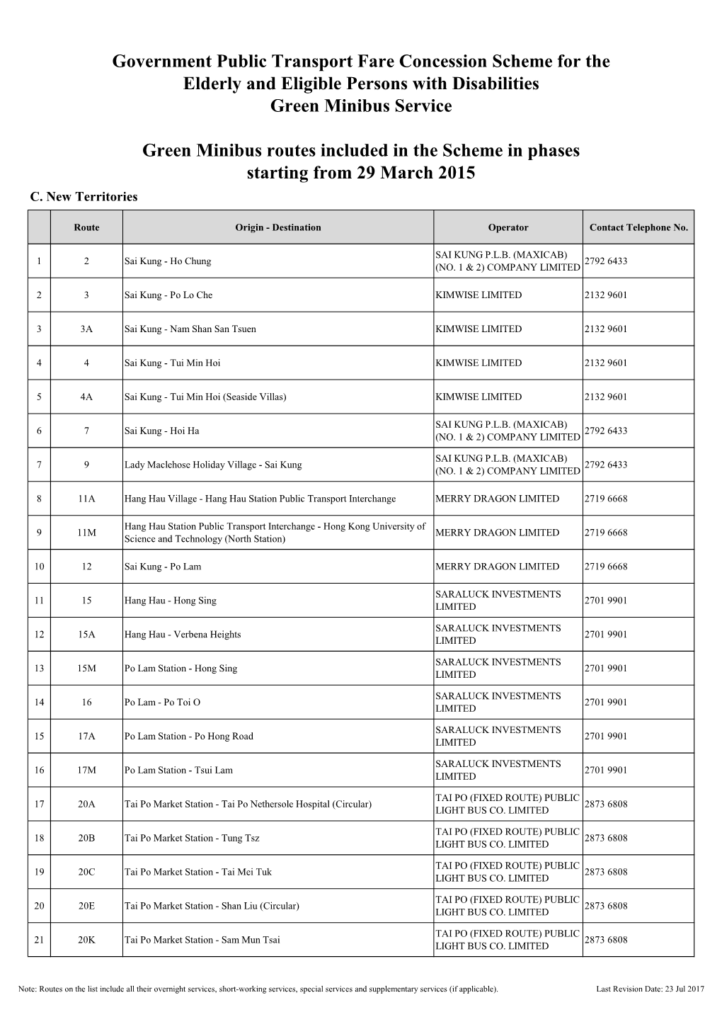 Route List of the Scheme (With Operators Info and Hotline)