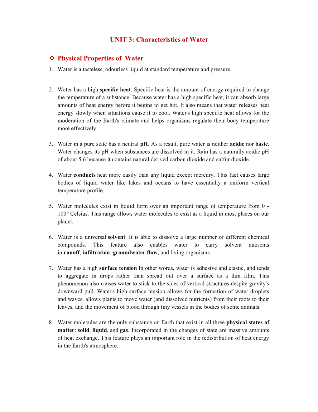 UNIT 3: Characteristics of Water Physical Properties of Water