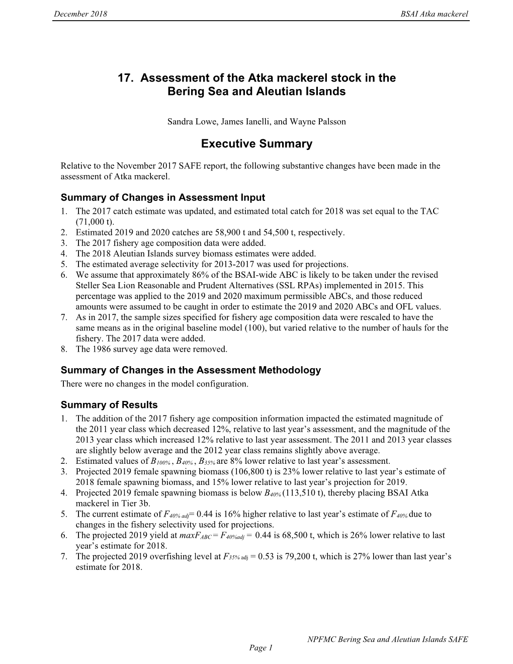 Stock Assessment of BSAI Atka Mackerel