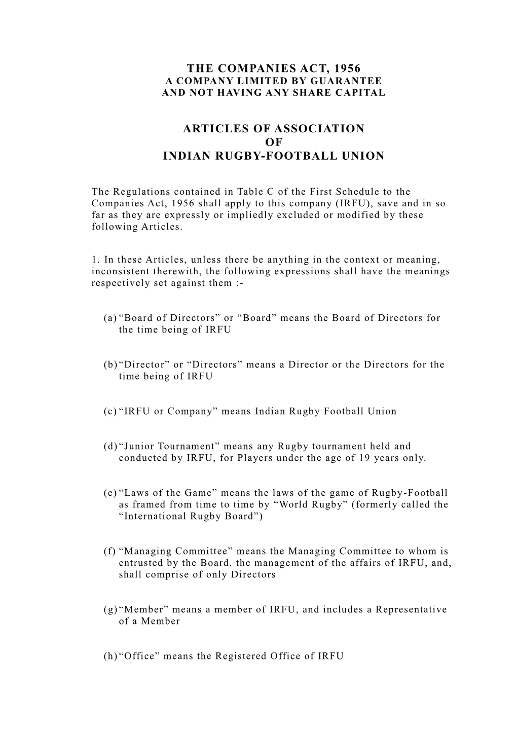 Articles of Association of Indian Rugby-Football Union