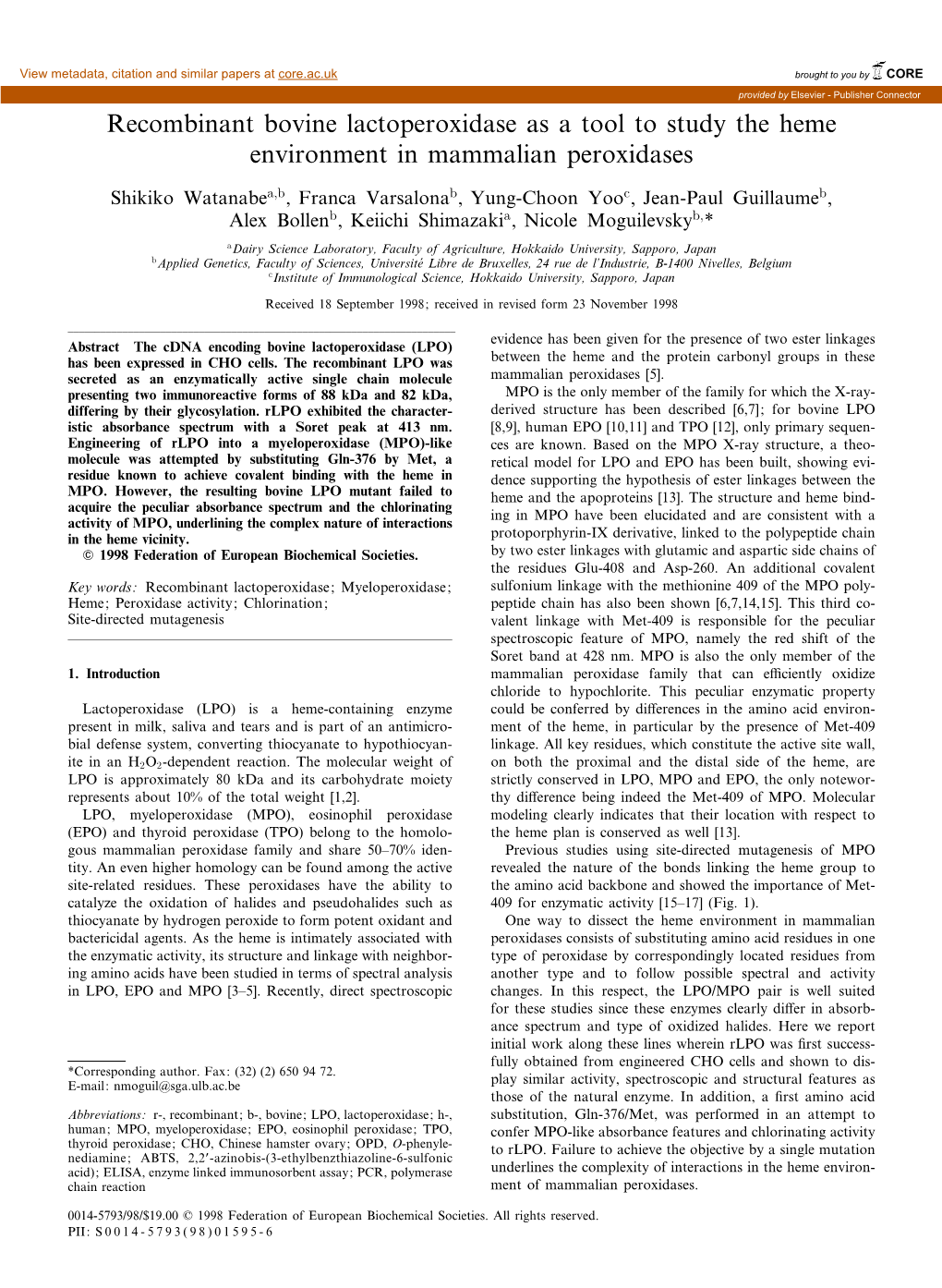 Recombinant Bovine Lactoperoxidase As a Tool to Study the Heme Environment in Mammalian Peroxidases