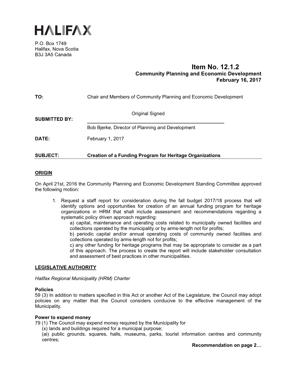 Item No. 12.1.2 Community Planning and Economic Development February 16, 2017